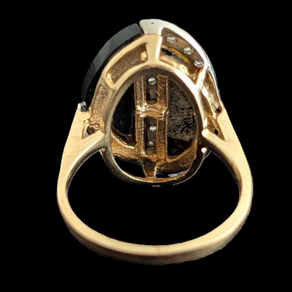 1970s Vintage Modernistic Diamonds Onyx 14k Yellow Gold Cocktail Ring Estate