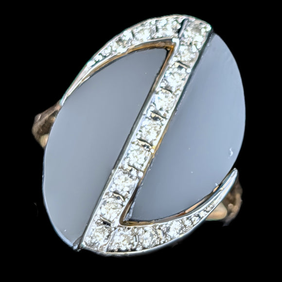 1970s Vintage Modernistic Diamonds Onyx 14k Yellow Gold Cocktail Ring Estate