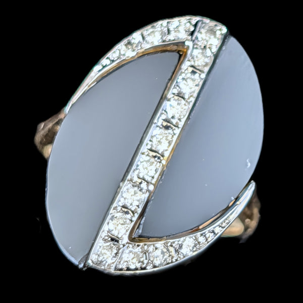 1970s Vintage Modernistic Diamonds Onyx 14k Yellow Gold Cocktail Ring Estate