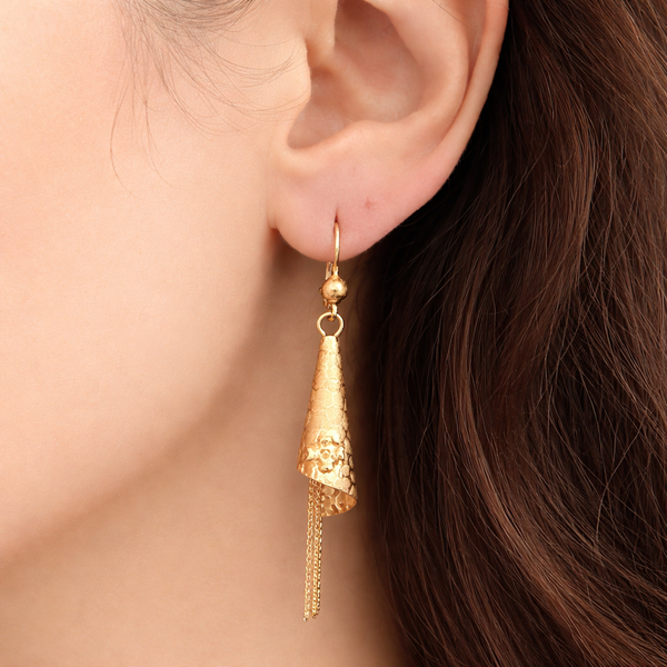 Vintage Articulated 14k Yellow Gold Tassel Earrings Floral Textured 2 3/8" 8 g. on model