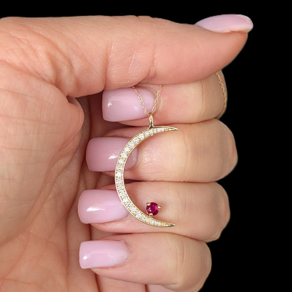 ORO ALEXANDER Crescent Moon & Ruby Star Pendant Diamonds 14k Yellow Gold Gift Layaway Available