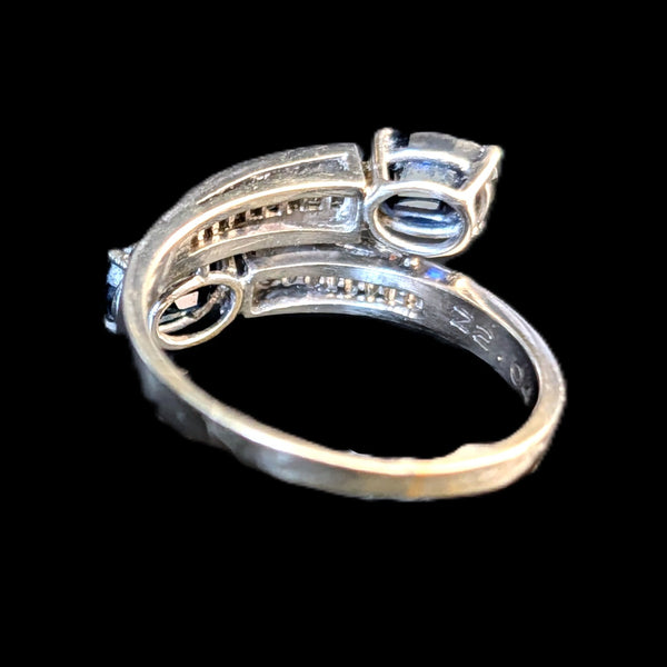 Vintage Sapphires Baguette Diamonds 18k White Gold Ring Bypass Estate Gift