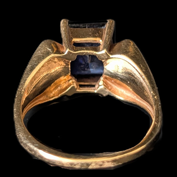 Vintage Lab Created Sapphire Diamonds 10k Yellow Gold Cocktail Ring Emerald Cut Estate