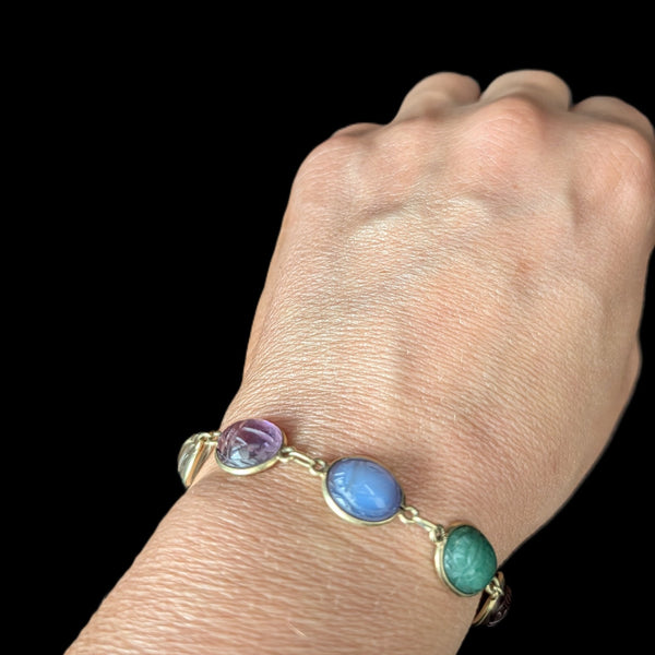 Vintage  Carved Gemstone Scarab Bracelet 14k Yellow Gold Bracelet Talisman Estate 