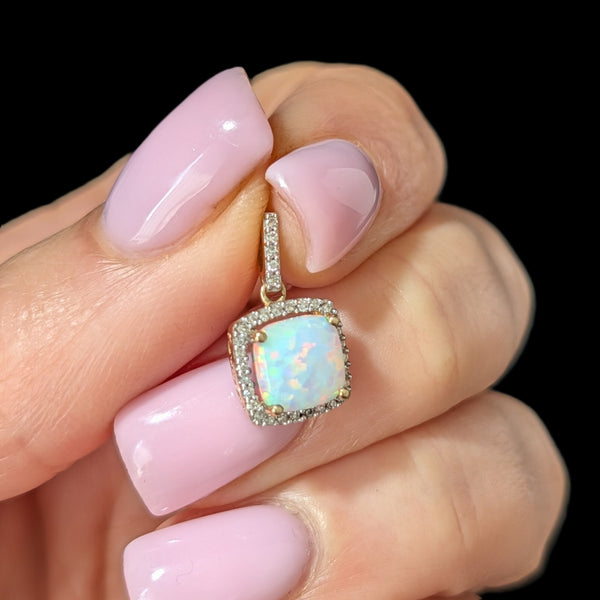 Estate Lab Created Opal Diamonds 10k Yellow Gold Pendant Vintage Gift