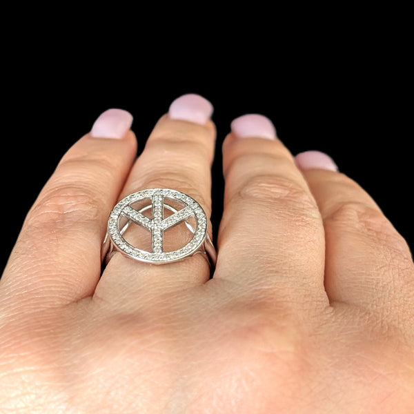 Vintage Peace Sign Ring Diamonds 14k White Gold Estate Retro Cocktail Gift