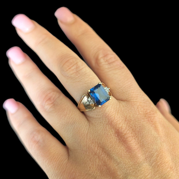 Vintage Lab Created Sapphire Diamonds 10k Yellow Gold Cocktail Ring Emerald Cut Estate