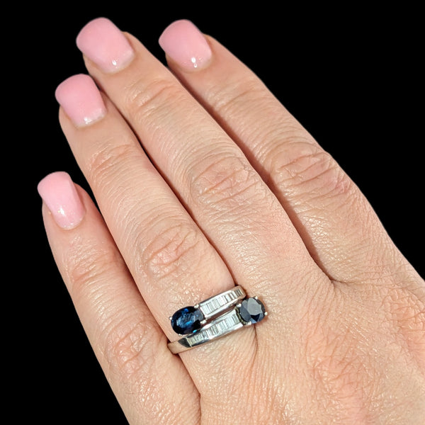 Vintage Sapphires Baguette Diamonds 18k White Gold Ring Bypass Estate Gift
