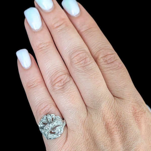 on hand Antique Old European Cut Diamond 10k White Gold Cocktail Ring Estate Retro Gift