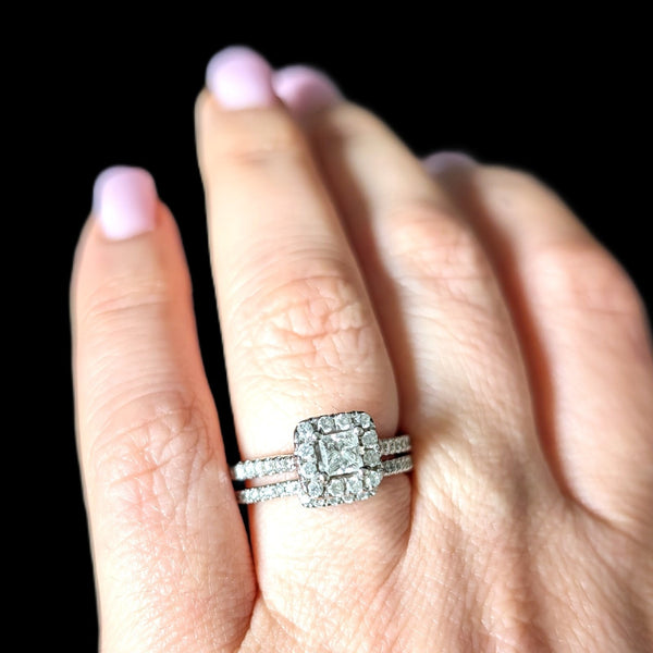 Bridal Set Natural Diamonds 14k White Gold Engagement Ring Wedding Band Estate 