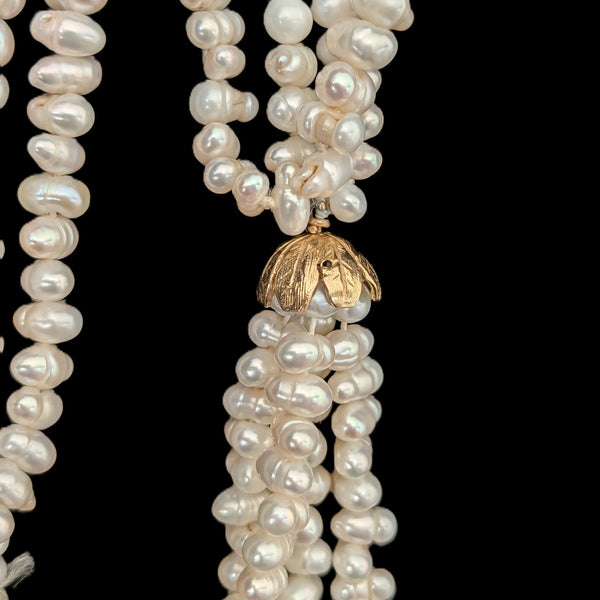 Vintage 43" 14k Yellow Gold Pearl Scarf Tassel Necklace Multi Strand Lariat