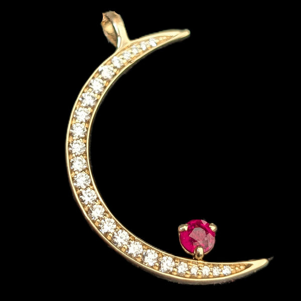 ORO ALEXANDER Crescent Moon & Ruby Star Pendant Diamonds 14k Yellow Gold Gift Layaway Available