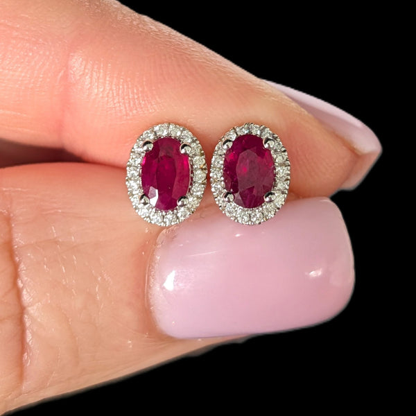 Estate Rubies Diamonds 18k White Gold Halo Earrings Studs Vintage Gift