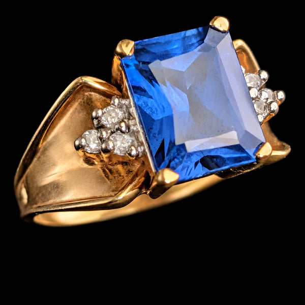 Vintage Lab Created Sapphire Diamonds 10k Yellow Gold Cocktail Ring Emerald Cut Estate