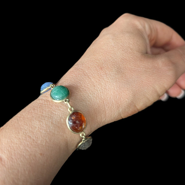 Vintage  Carved Gemstone Scarab Bracelet 14k Yellow Gold Bracelet Talisman Estate 