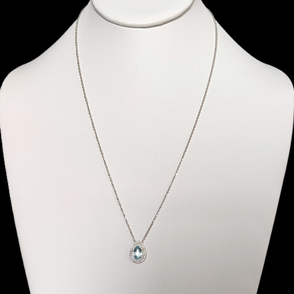 Vintage Pear Cut Aquamarine Diamonds 14k White Gold Necklace Pendant Chain Gift