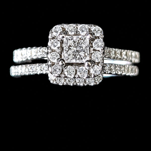 Bridal Set Natural Diamonds 14k White Gold Engagement Ring Wedding Band Estate 