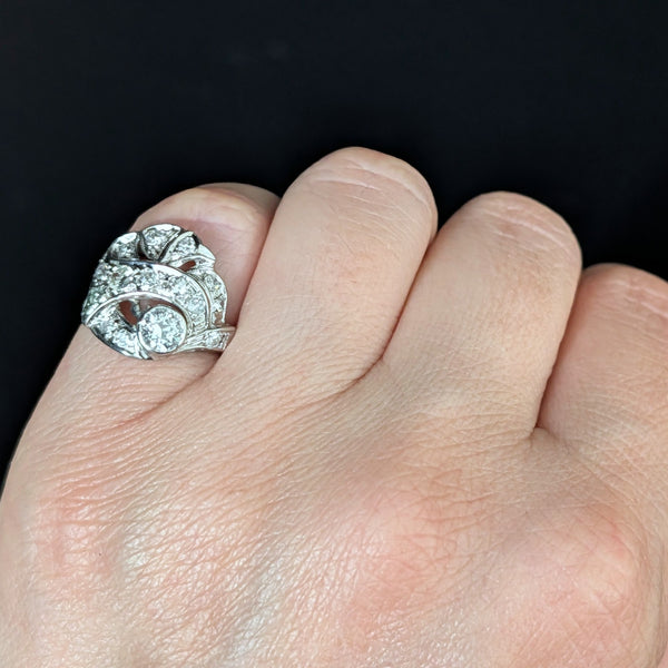 on hand Antique Old European Cut Diamond 10k White Gold Cocktail Ring Estate Retro Gift