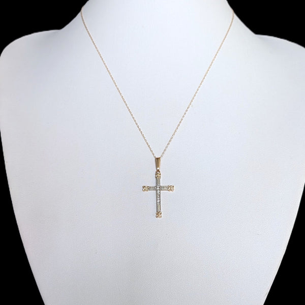 Vintage Diamond 14k Yellow & White Gold Cross Pendant 10k Chain Flower Necklace