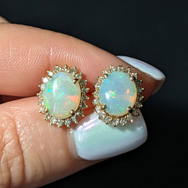Miltown - Vintage Opal Diamonds 14k Yellow Gold Halo Earrings Posts Estate Jewelry Gift