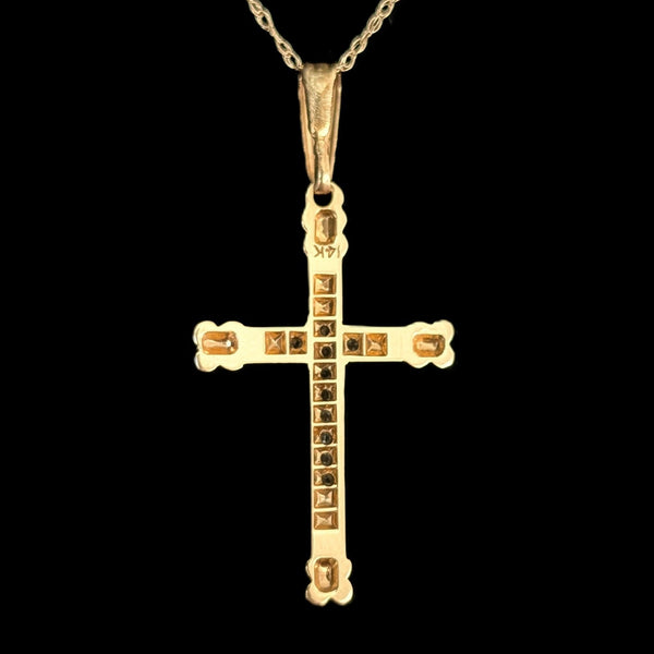 Vintage Diamond 14k Yellow & White Gold Cross Pendant 10k Chain Flower Necklace