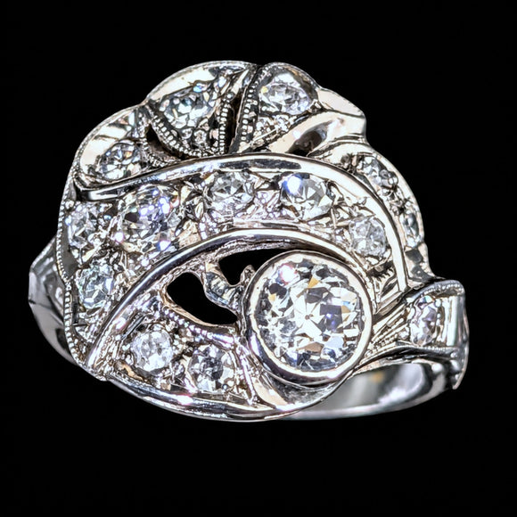 Antique Old European Cut Diamond 10k White Gold Cocktail Ring Estate Retro Gift