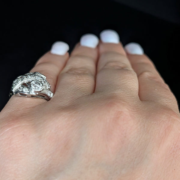 on hand Antique Old European Cut Diamond 10k White Gold Cocktail Ring Estate Retro Gift