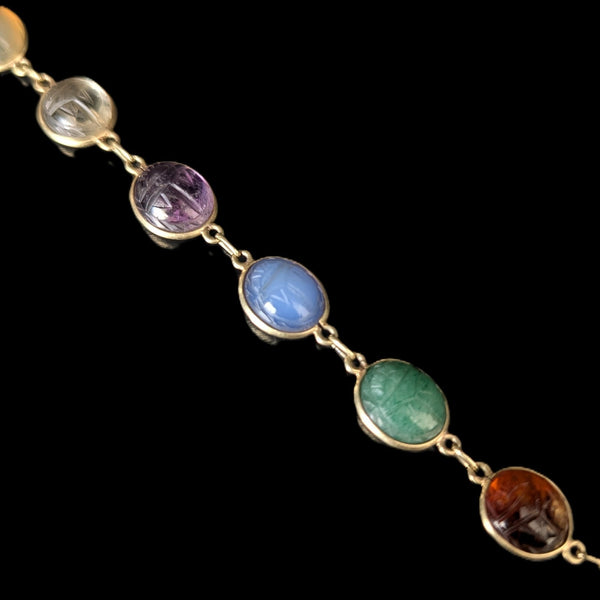 Vintage  Carved Gemstone Scarab Bracelet 14k Yellow Gold Bracelet Talisman Estate 