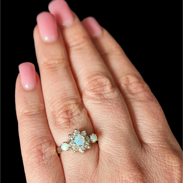 Vintage Opal Old European & RB Cut Diamonds 14k Yellow Gold Ring Estate Retro