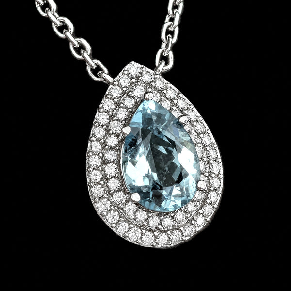 Vintage Pear Cut Aquamarine Diamonds 14k White Gold Necklace Pendant Chain Gift