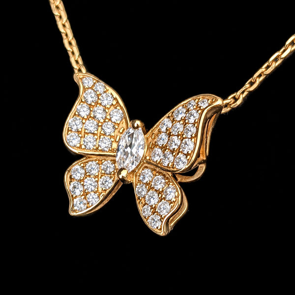 Estate Natural Diamonds 14k Yellow Gold Butterfly Necklace Adjusts 16"-18" Gift