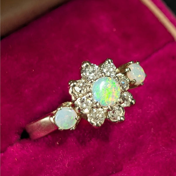 Vintage Opal Old European & RB Cut Diamonds 14k Yellow Gold Ring Estate Retro