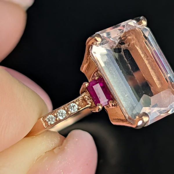 Vintage Pink Morganite Ruby Diamonds 14k Rose Gold Cocktail Ring Estate Gift