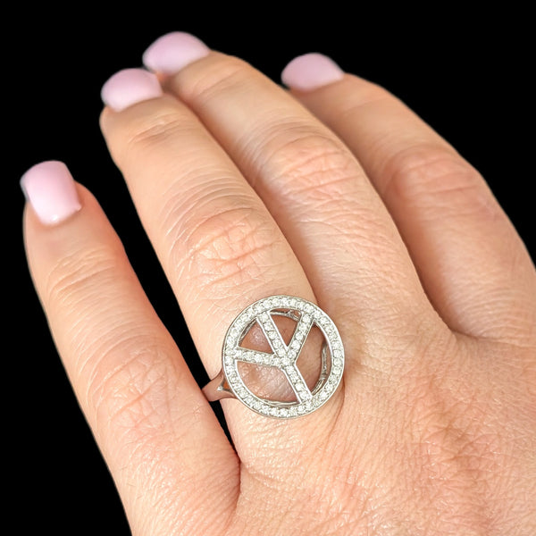 Vintage Peace Sign Ring Diamonds 14k White Gold Estate Retro Cocktail Gift
