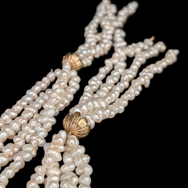 Vintage 43" 14k Yellow Gold Pearl Scarf Tassel Necklace Multi Strand Lariat