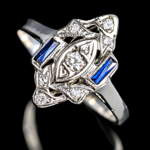 Art Deco Diamonds Lab Sapphires 14k White Gold Platinum Top Ring Vintage