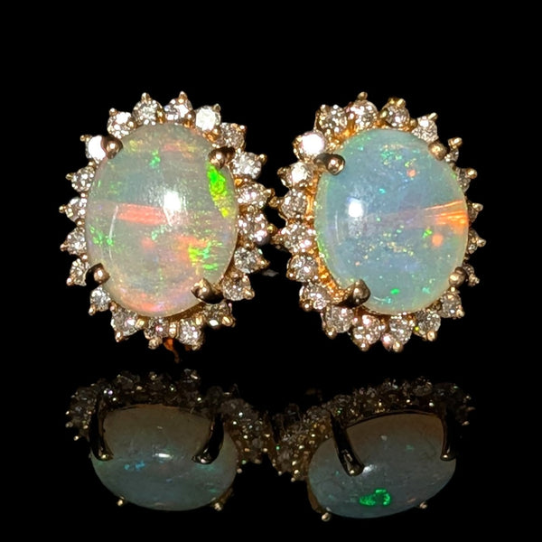 Miltown - Vintage Opal Diamonds 14k Yellow Gold Halo Earrings Posts Estate Jewelry Gift