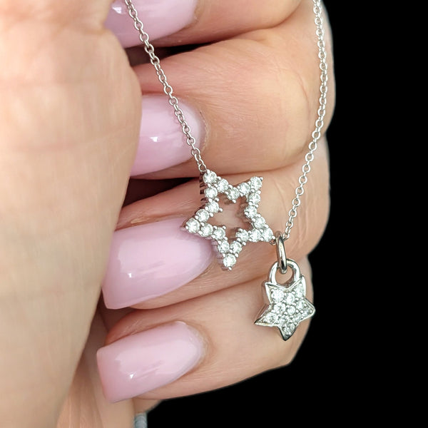 Estate Natural Diamond Star Necklace 18K 14K Gold with Dangle Star Charm Chain