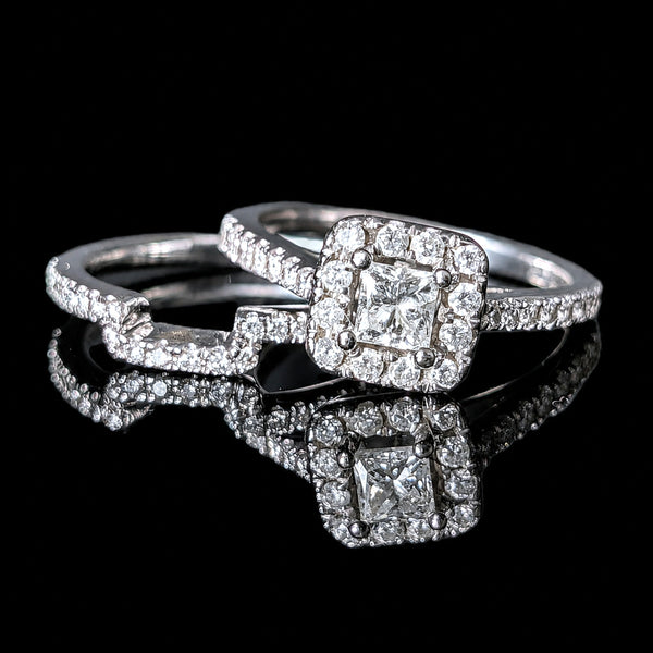 Bridal Set Natural Diamonds 14k White Gold Engagement Ring Wedding Band Estate 