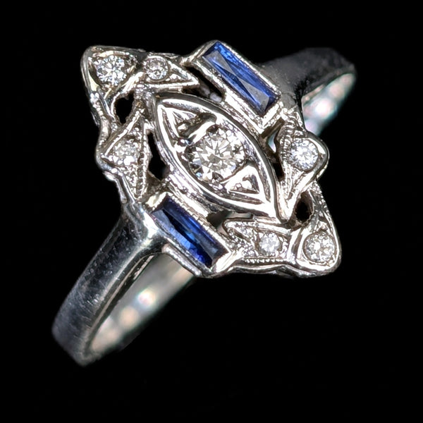 Art Deco Diamonds Lab Sapphires 14k White Gold Platinum Top Ring Vintage
