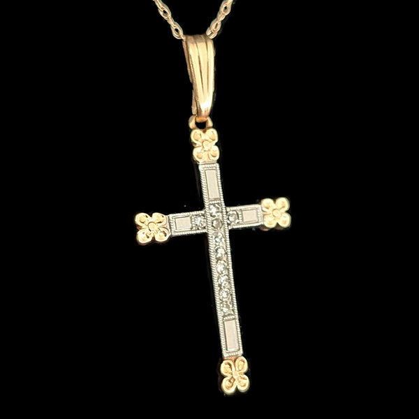 Vintage Diamond 14k Yellow & White Gold Cross Pendant 10k Chain Flower Necklace