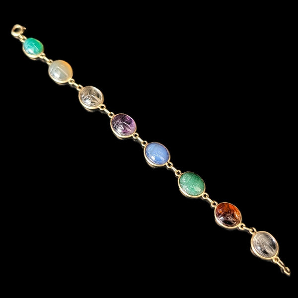Vintage  Carved Gemstone Scarab Bracelet 14k Yellow Gold Bracelet Talisman Estate 