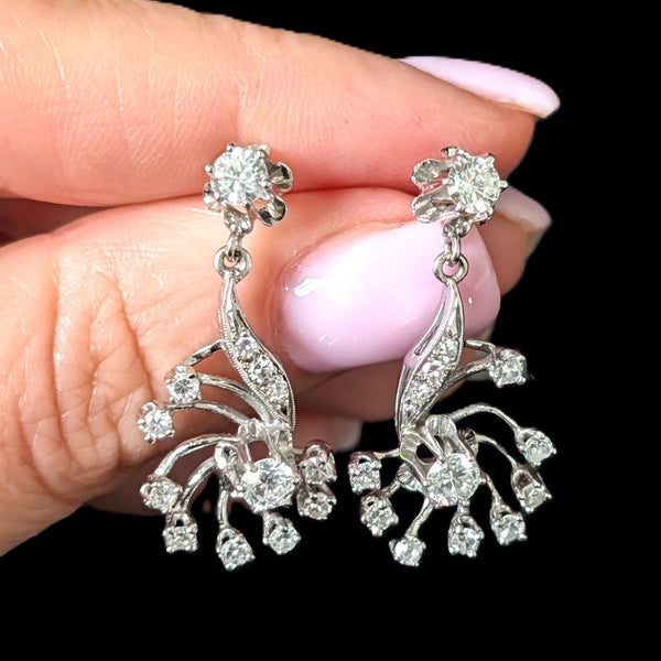 Wolfville - 1950s Vintage Diamonds 14k White Gold Floral Earrings