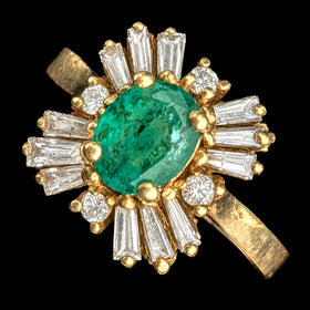 Vintage Emerald Natural Diamonds 14k Yellow Gold Ballerina Ring Baguette & Round