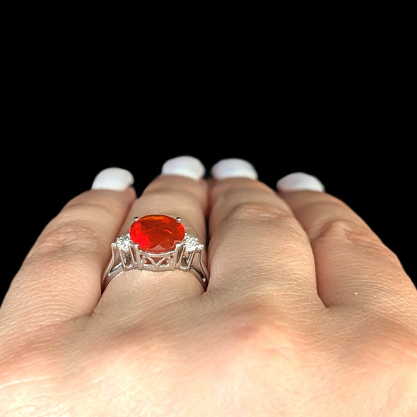 Estate Fire Opal Diamonds 14k White Gold Ring Orange Cocktail Statement Gift