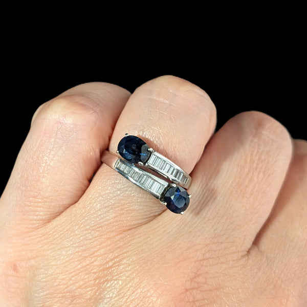 Vintage Sapphires Baguette Diamonds 18k White Gold Ring Bypass Estate Gift