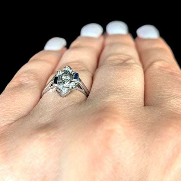 Art Deco Diamonds Lab Sapphires 14k White Gold Platinum Top Ring Vintage