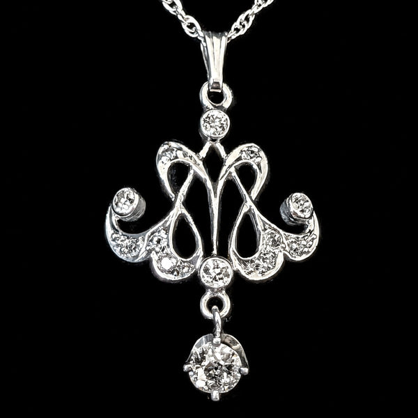 Old European Cut Diamonds 14k White Gold Lavalier Necklace Vintage Antique