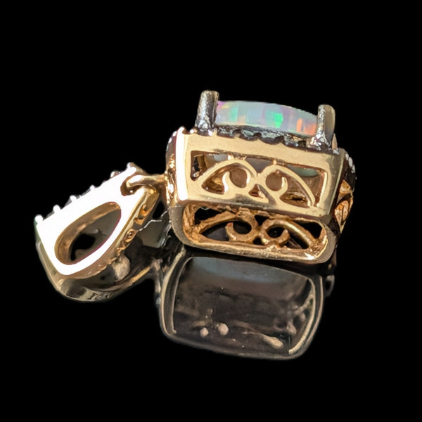 Estate Lab Created Opal Diamonds 10k Yellow Gold Pendant Vintage Gift