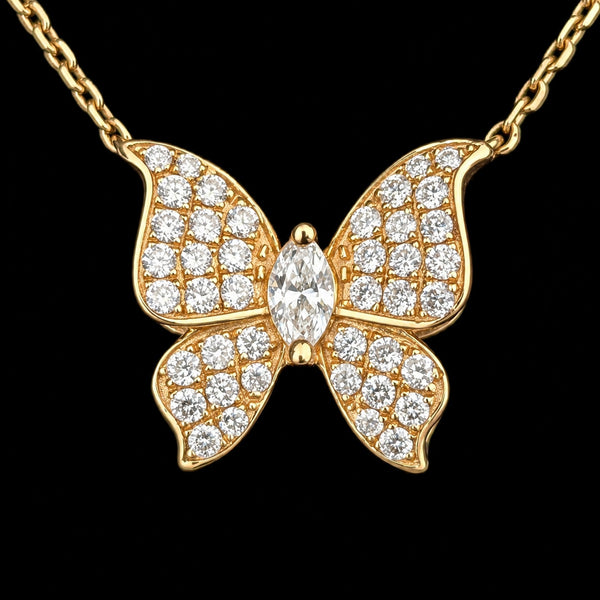 Estate Natural Diamonds 14k Yellow Gold Butterfly Necklace Adjusts 16"-18" Gift